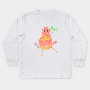 Cat athlete with dumbbells and bone from fish. Fashion trend painted in watercolor. Stylish design. Kids Long Sleeve T-Shirt